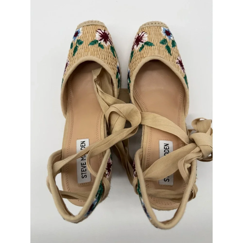 Steve Madden Vero Espadrille Wedges Womens 8.5M Tan New Floral Embroidery